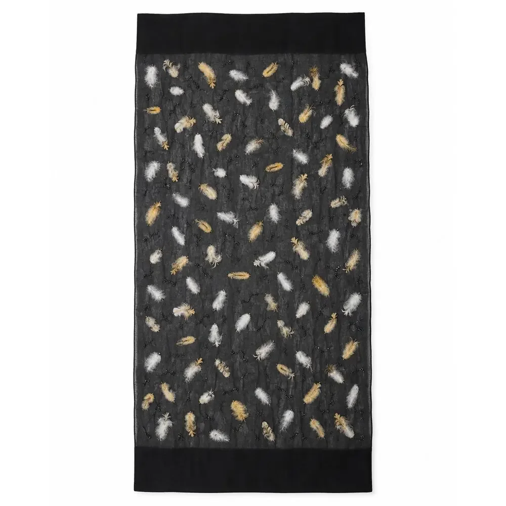 Vintage 1990s Black Silk Jacquard Scarf Beaded Real Feather Evening Wrap 20x84